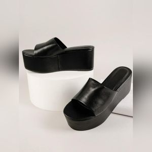NEW Shein Mid Heel Black Wedge Slide Sandals Open Toe Size 7
